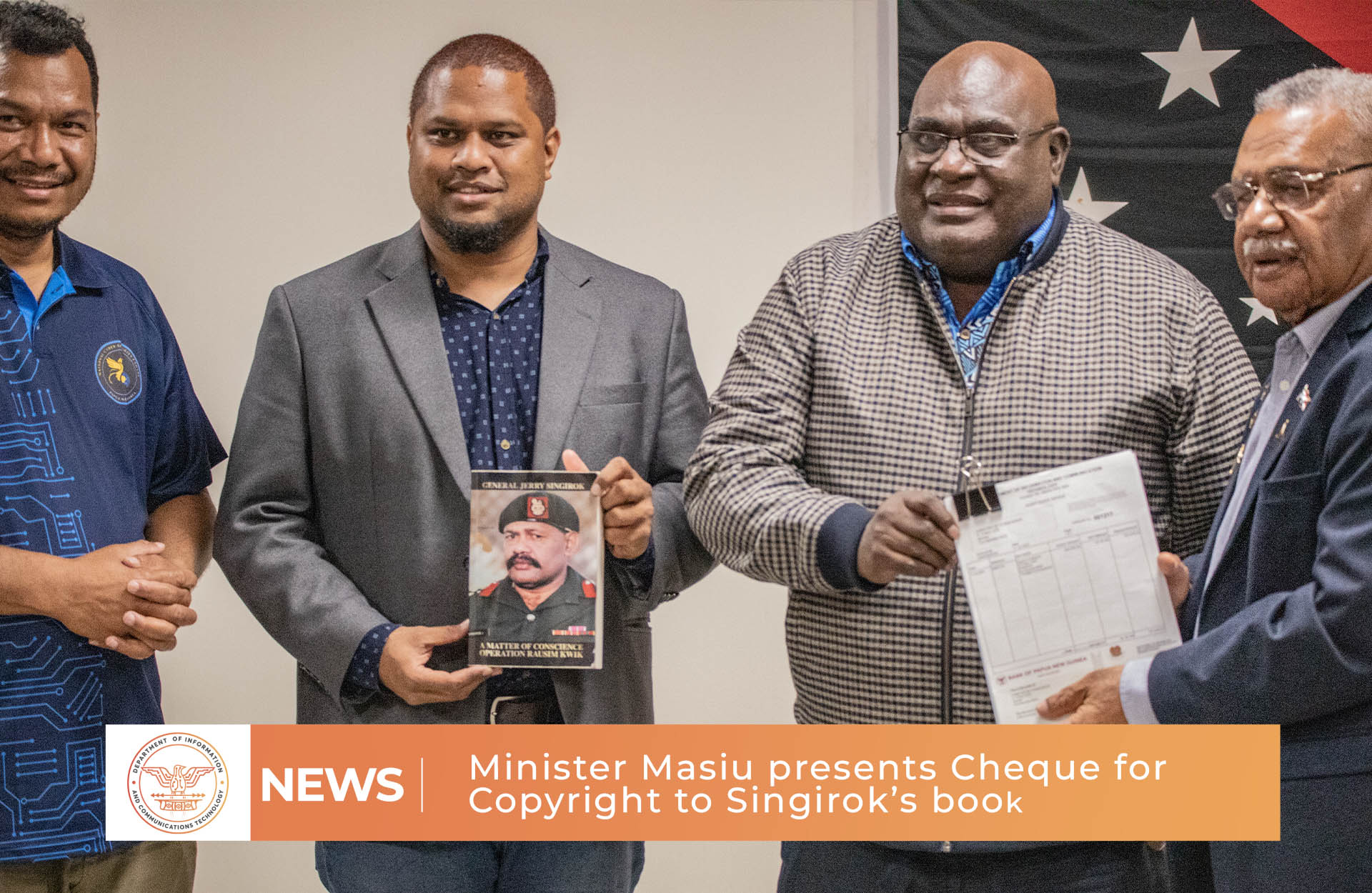 Minister Masiu presents Cheque for Copyright to Singirok’s book